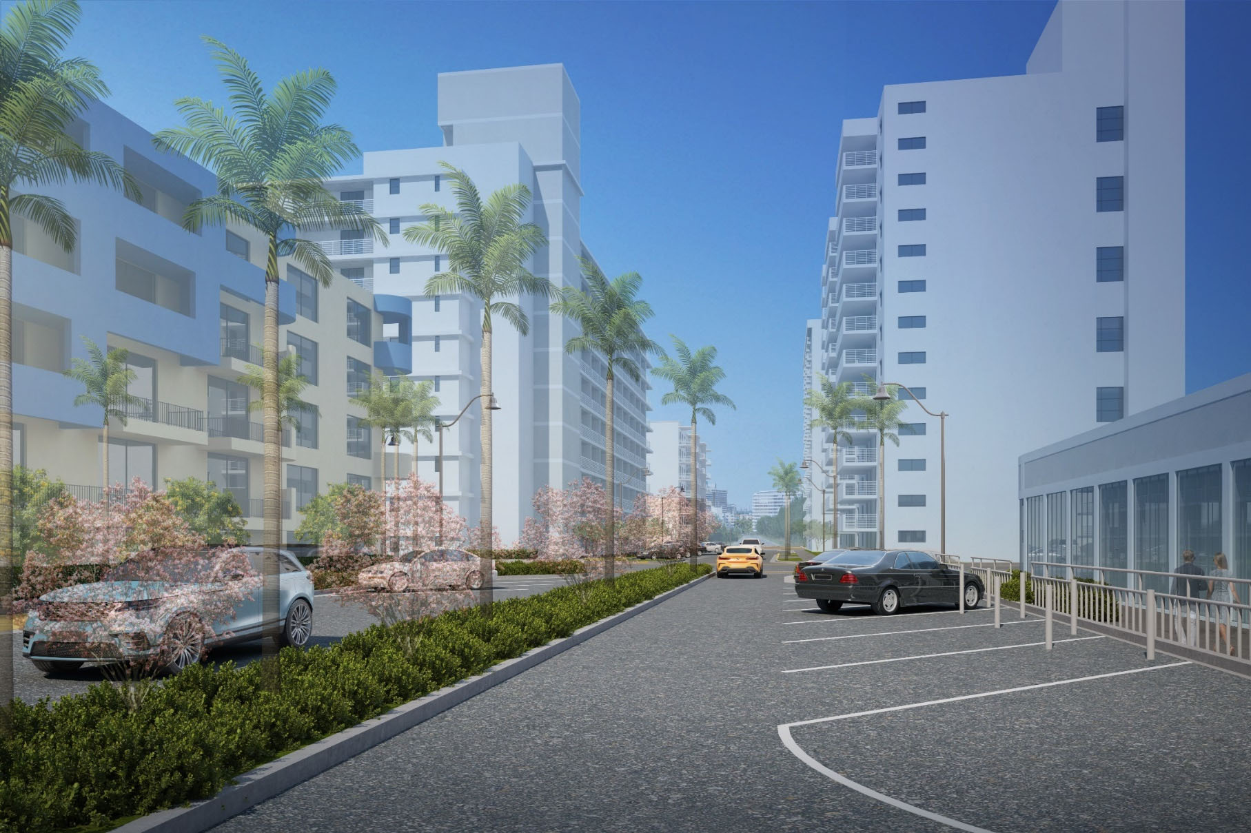 City-published harmonization rendering at 1237 Lincoln Road showing a planted streetscape, parking and a railing beside the property.