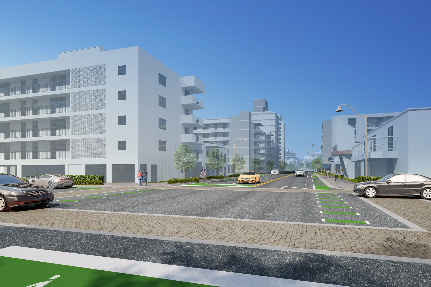 City-published proposed streetscape at 16 Street and West Avenue, facing north, showing sidewalks, planting, bicycle markings and paved crossings.